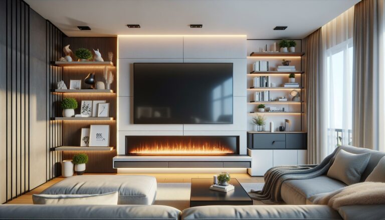 floating entertainment center with fireplace